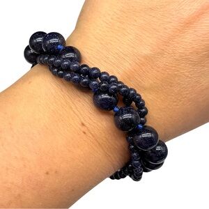 Blue Sandstone Beaded Bracelet Clear Rhinestone Magnetic Clasp Multi Strand